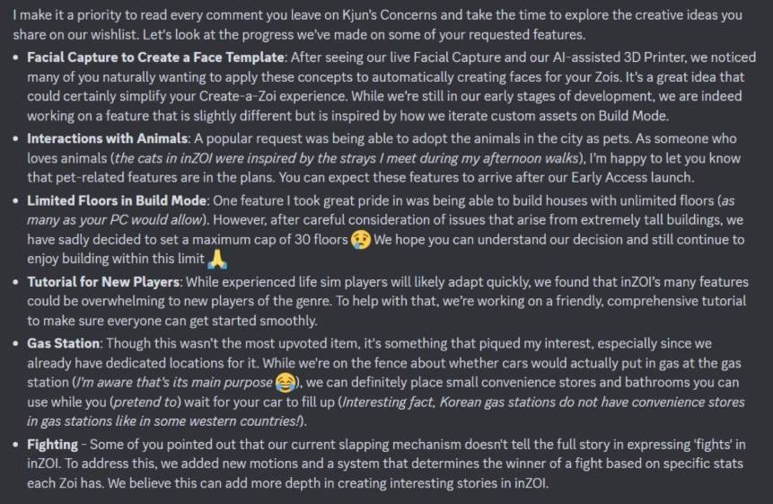 InZOI director confirmed some of the features wishlisted by community