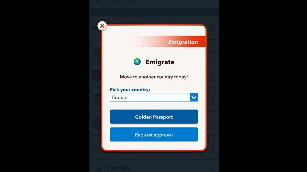 Picking an Emigration location in BitLife