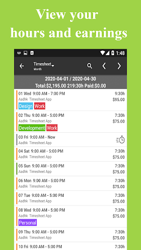 Schermata Timesheet – Work Hours Tracker 2