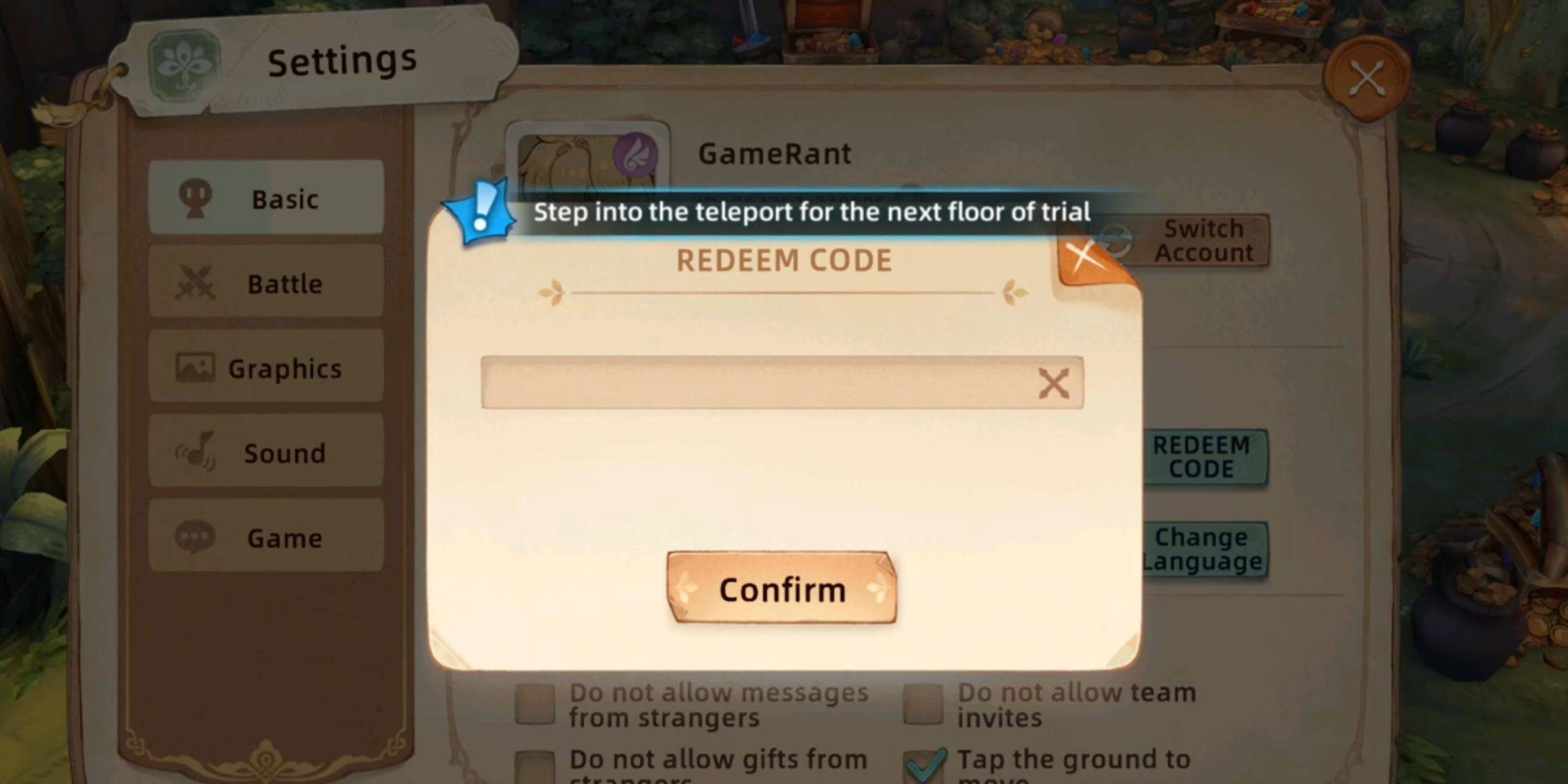 Image: In-game code redemption screen