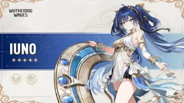 Blue-haired character Iuno wielding a chakram-style weapon in Wuthering Waves