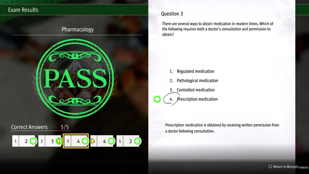 * Pirate Yakuza in Hawaii* Gameplay della Ounabara Vocational School, una delle risposte giuste all'esame di farmacologia