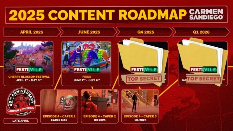 A picture of the Carmen Sandiego roadmap with various cases set to arrive soon.