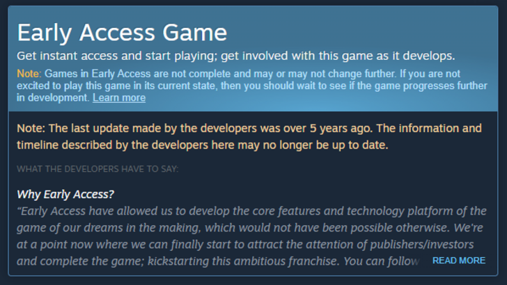 Steam's new warning for abandoned Early Access games