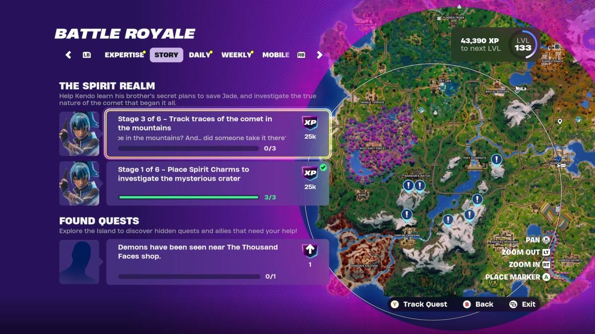 Map locations for traces of the comet in Fortnite.