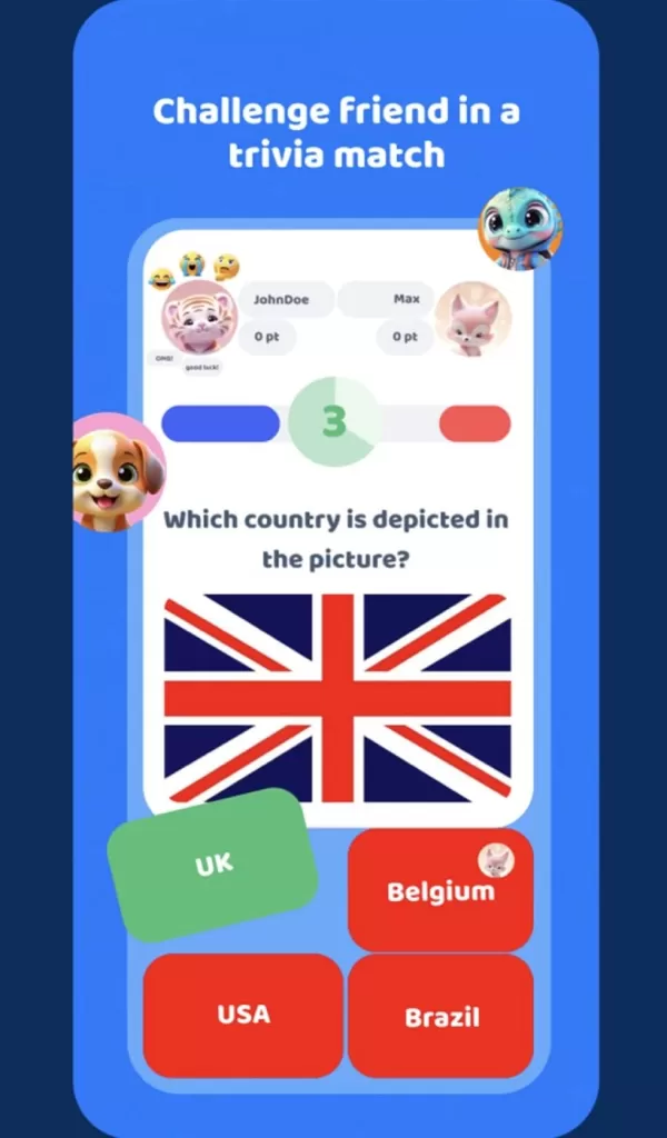 Capture d'écran du jeu de quiz montrant des réponses à choix multiples identifiant l'Union Jack