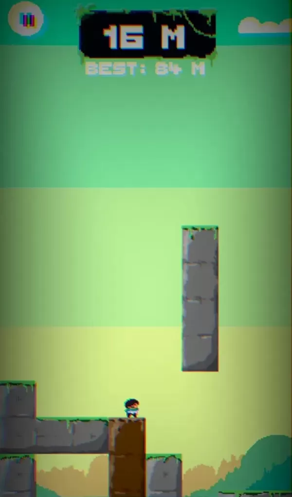 Blockcharted gameplay showing pixel character navigating falling block obstacles