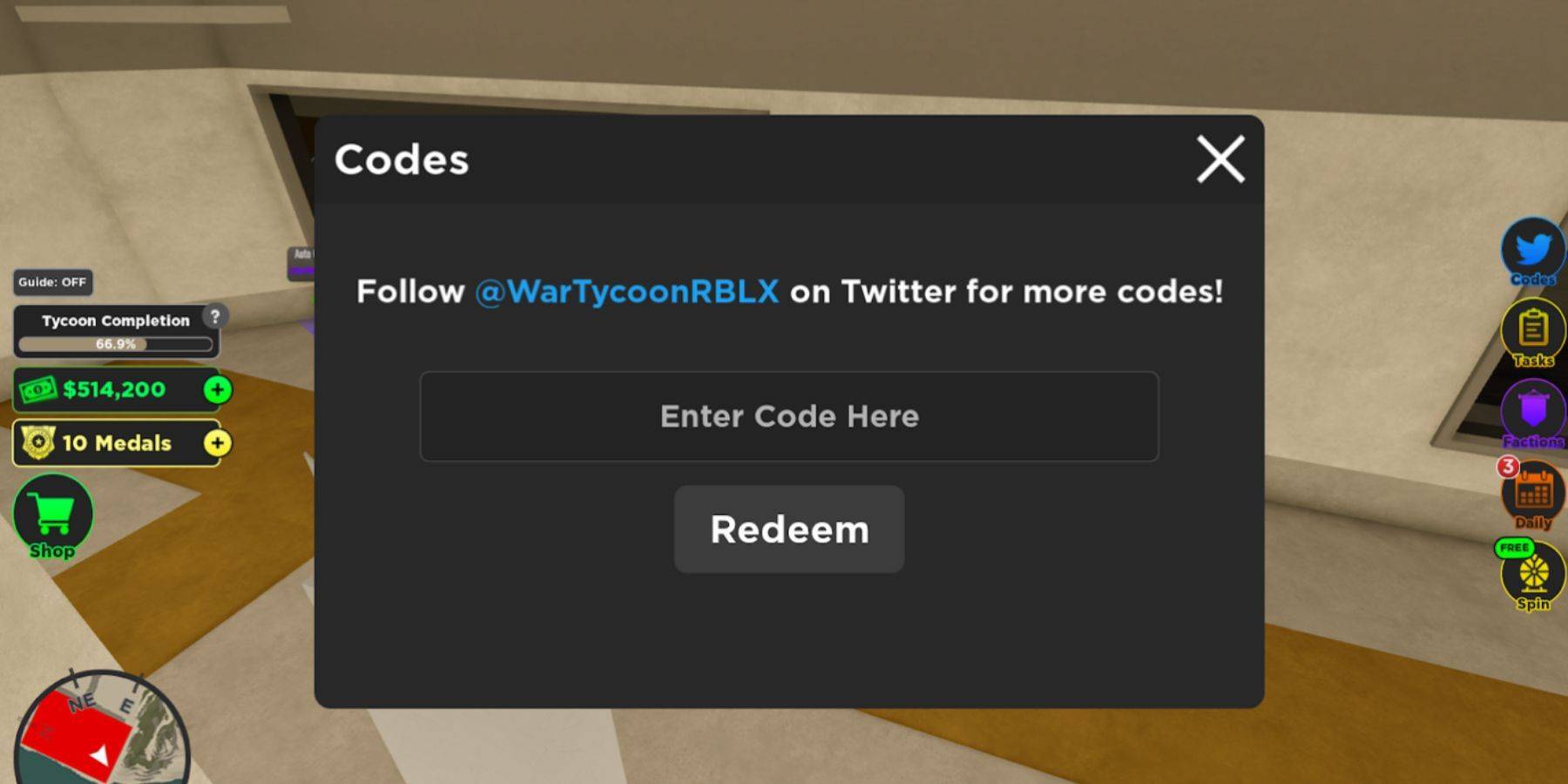 Redeeming Codes in War Tycoon