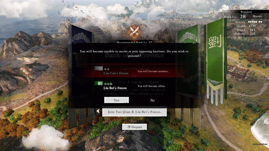 An option to ally either with Cao Cao or Liu Bei in Dynasty Warriors: Origins