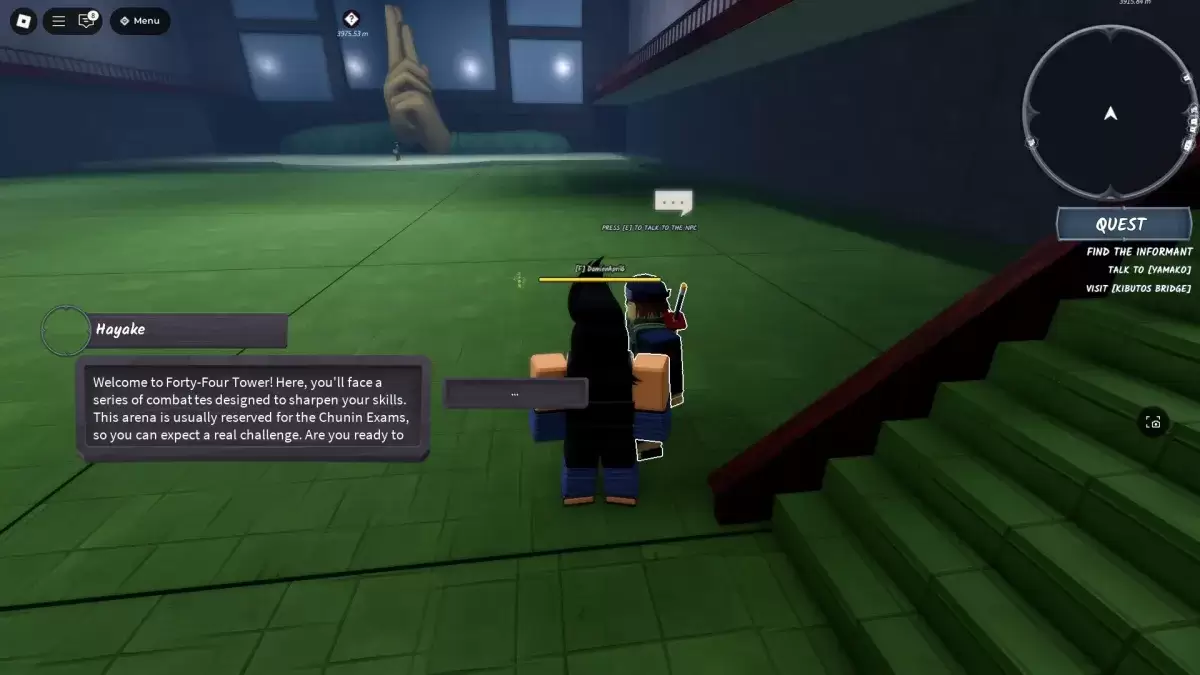 Ninja Time Roblox Experience'de Hayake Chunin Sınav NPC'nin yanında duran bir oyuncu