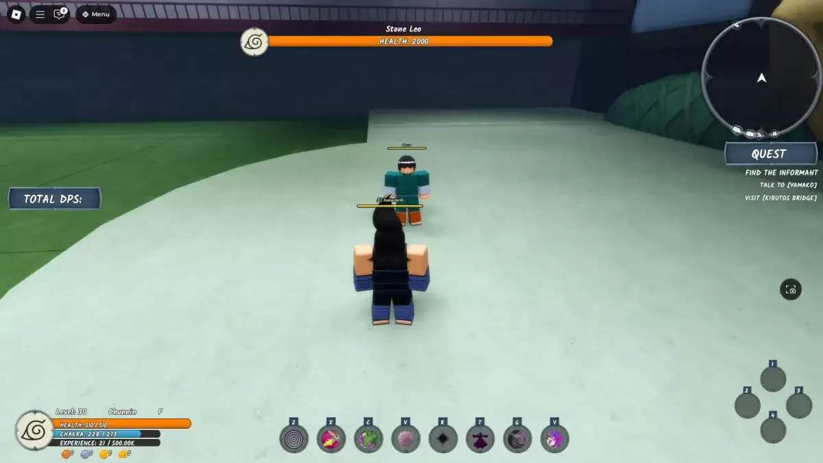 Ninja Time Roblox Experience'de Stone Leo Chunin Sınav Patronunun yanında duran bir oyuncu